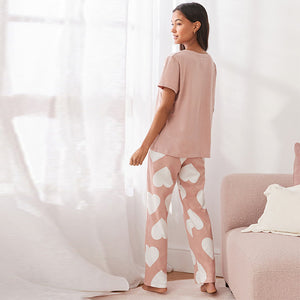 Pale Pink Heart Cotton Short Sleeve Pyjamas