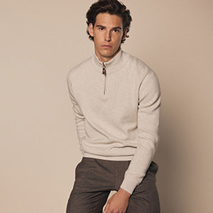 Oatmeal Marl Plain Regular Fit 100% Cotton Premium Quarter Zip Jumper