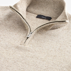 Oatmeal Marl Plain Regular Fit 100% Cotton Premium Quarter Zip Jumper