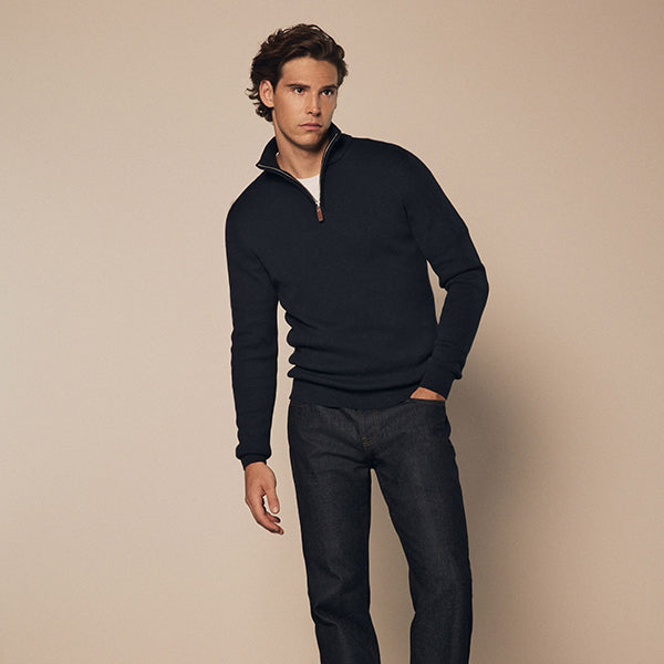 Navy Blue Plain Regular Fit 100% Cotton Premium Quarter Zip Jumper