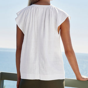 White Linen Blend Button Down Relaxed Sleeve Top