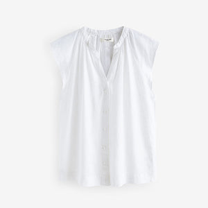 White Linen Blend Button Down Relaxed Sleeve Top