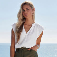 Load image into Gallery viewer, White Linen Blend Button Down Relaxed Sleeve Top
