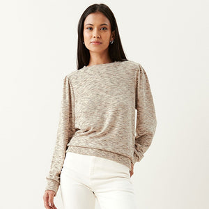 Neutral Spacedye Cosy Lightweight Soft Touch Sleeve Detail Crew Neck Jumper