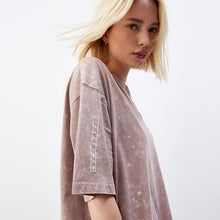 Load image into Gallery viewer, Rose Pink Acid Wash Longline Graphic Slogan 100% Cotton T-Shirt
