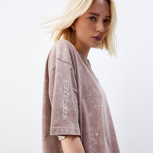 Rose Pink Acid Wash Longline Graphic Slogan 100% Cotton T-Shirt