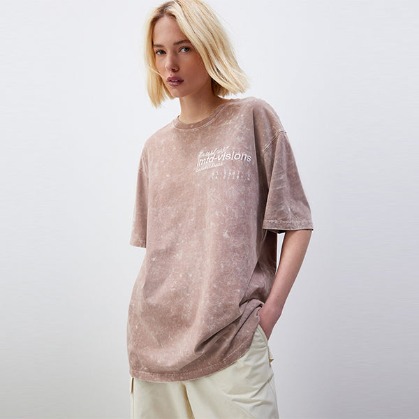 Rose Pink Acid Wash Longline Graphic Slogan 100% Cotton T-Shirt