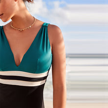 Load image into Gallery viewer, Teal Green Colourblock Plunge Tummy Shaping Control Swimsuit
