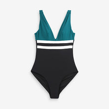 Load image into Gallery viewer, Teal Green Colourblock Plunge Tummy Shaping Control Swimsuit
