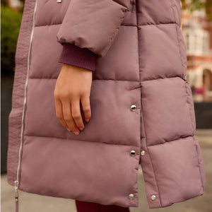 Rose Pink Shower Resistant Padded Puffer Hooded Mid Length Coat