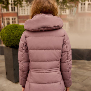 Rose Pink Shower Resistant Padded Puffer Hooded Mid Length Coat