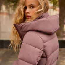 Load image into Gallery viewer, Rose Pink Shower Resistant Padded Puffer Hooded Mid Length Coat
