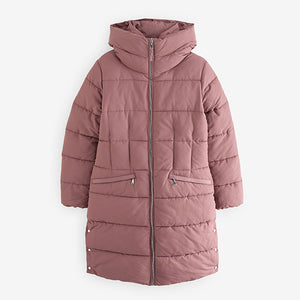 Rose Pink Shower Resistant Padded Puffer Hooded Mid Length Coat