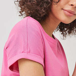 Bright Pink Regular Fit Round Neck Cap Sleeve T-Shirt