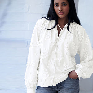 White Tie Neck Floral Blouse