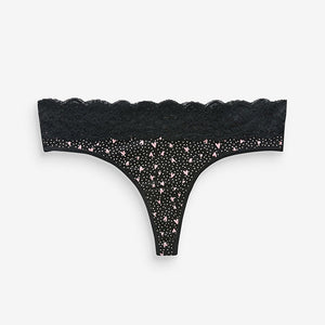 Black/Pink Heart Print Thong Cotton and Lace Knickers 4 Pack