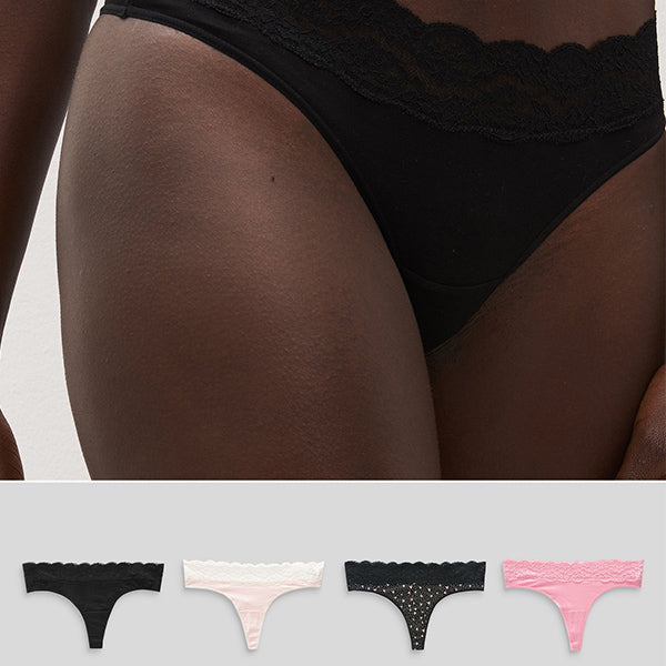 Black/Pink Heart Print Thong Cotton and Lace Knickers 4 Pack