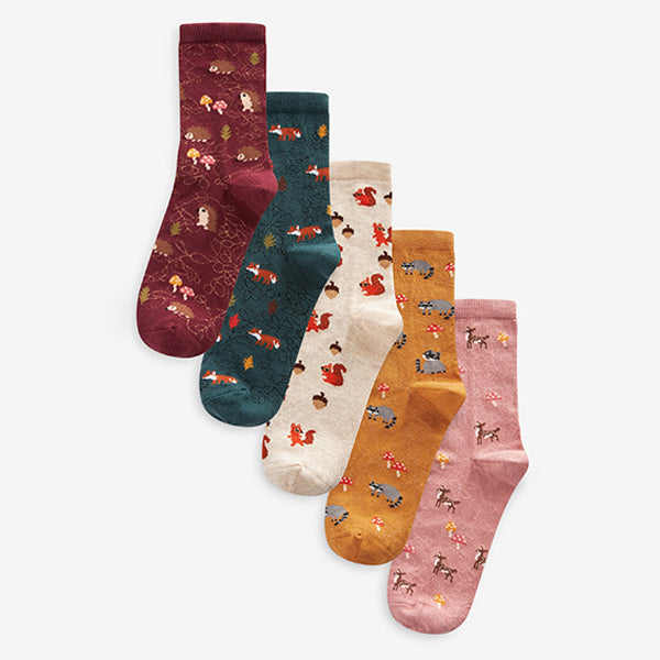 Green/Oat Winter Animal Ankle Socks 5 Pack