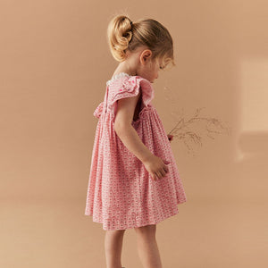 Pink Embroidered Shirred Frill Sleeve Dress (3mths-5-6yrs)