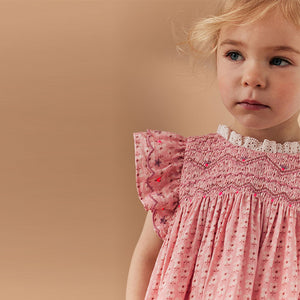 Pink Embroidered Shirred Frill Sleeve Dress (3mths-5-6yrs)