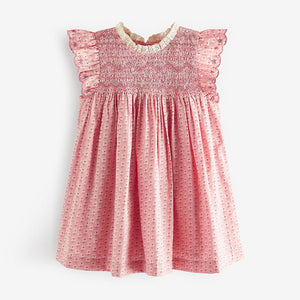 Pink Embroidered Shirred Frill Sleeve Dress (3mths-5-6yrs)