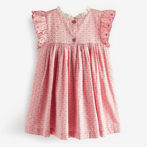 Pink Embroidered Shirred Frill Sleeve Dress (3mths-5-6yrs)