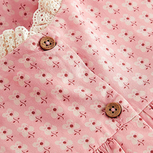 Pink Embroidered Shirred Frill Sleeve Dress (3mths-5-6yrs)