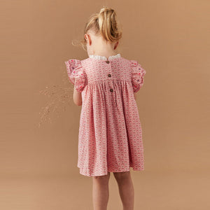 Pink Embroidered Shirred Frill Sleeve Dress (3mths-5-6yrs)