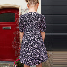 Load image into Gallery viewer, Black/Pink Floral Ruched Sleeve Tea Dress (3-12yrs)
