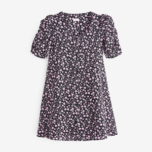 Black/Pink Floral Ruched Sleeve Tea Dress (3-12yrs)