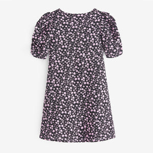 Black/Pink Floral Ruched Sleeve Tea Dress (3-12yrs)