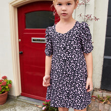 Load image into Gallery viewer, Black/Pink Floral Ruched Sleeve Tea Dress (3-12yrs)
