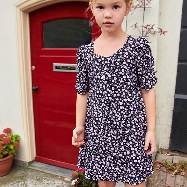 Black/Pink Floral Ruched Sleeve Tea Dress (3-12yrs)