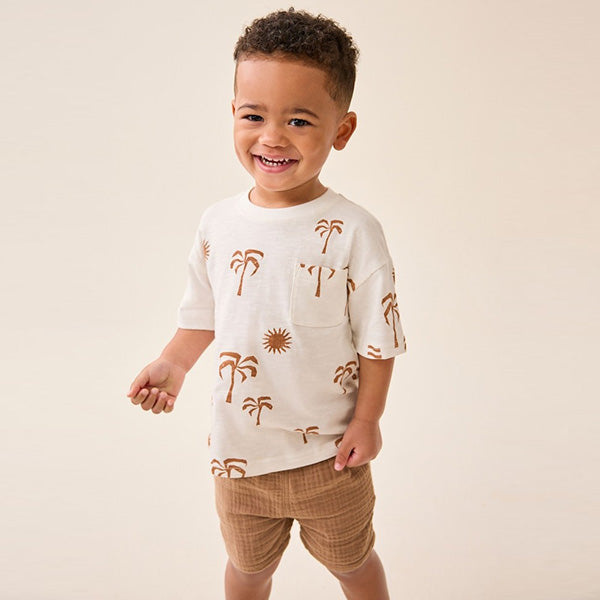 Ecru White Palms All-Over Print Short Sleeve T-Shirt