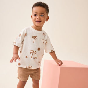 Ecru White Palms All-Over Print Short Sleeve T-Shirt