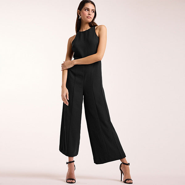 Black Sleeveless Wide Leg Crepe Jumpsuit
