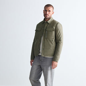 Khaki Green Borg Lined Collared Shacket