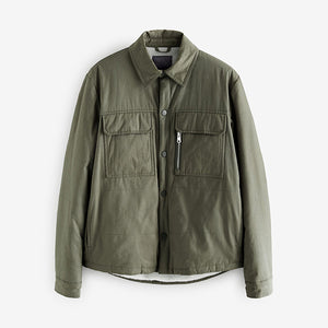 Khaki Green Borg Lined Collared Shacket