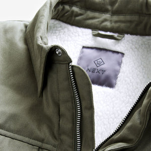 Khaki Green Borg Lined Collared Shacket