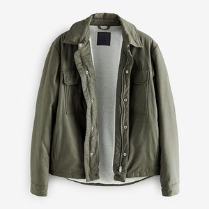 Khaki Green Borg Lined Collared Shacket