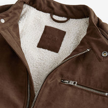 Load image into Gallery viewer, Brown Faux Suede Borg Lined Biker Jacket
