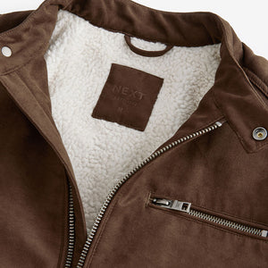 Brown Faux Suede Borg Lined Biker Jacket