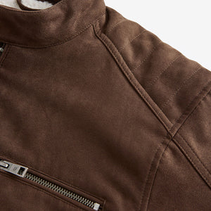 Brown Faux Suede Borg Lined Biker Jacket