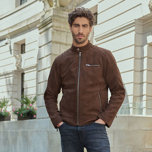 Brown Faux Suede Borg Lined Biker Jacket