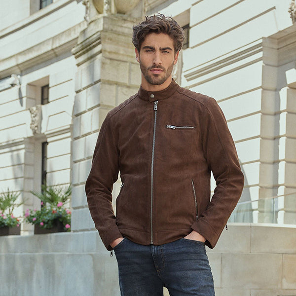 Brown Faux Suede Borg Lined Biker Jacket