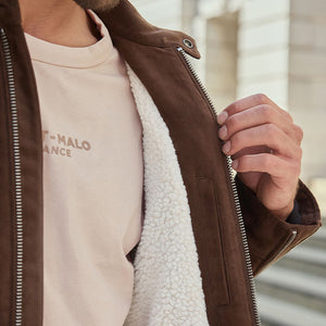 Brown Faux Suede Borg Lined Biker Jacket