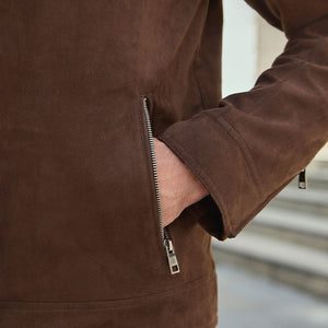 Brown Faux Suede Borg Lined Biker Jacket
