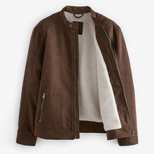 Load image into Gallery viewer, Brown Faux Suede Borg Lined Biker Jacket
