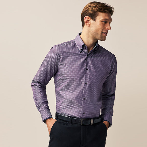 Purple Double Collar Regular Fit Trimmed Formal Shirt