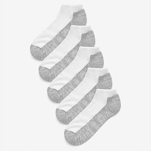 5PK White Grey Cushioned Trainer Socks